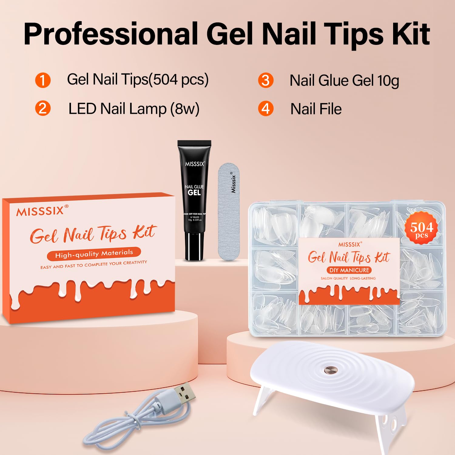 Misssix Short Almond Gel x Nail Tips Kit — 504Pcs Clear Nails, 12 Sizes, Portable UV Lamp