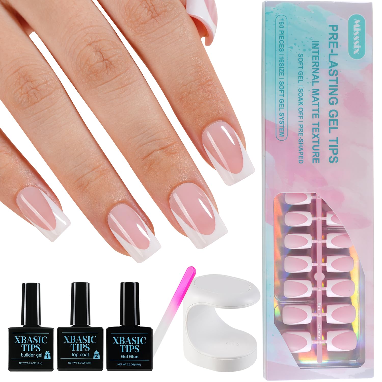 Misssix French Tip Press On Nails – 160Pcs Pink Gel Tips, 16 Sizes