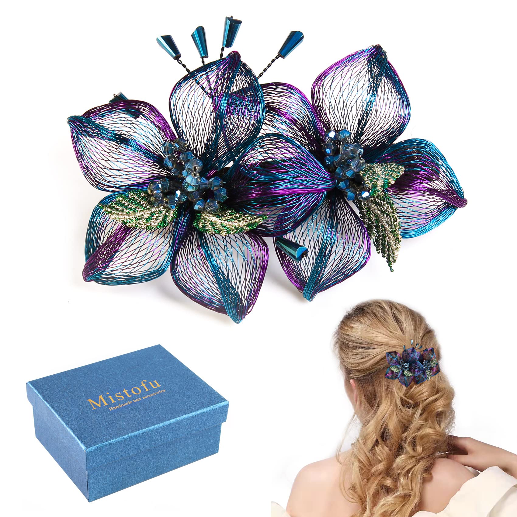 Mistofu 3.93-Inch DIY Copper Wire Handwoven Barrette | Gradient Double Flower Hair Accessory