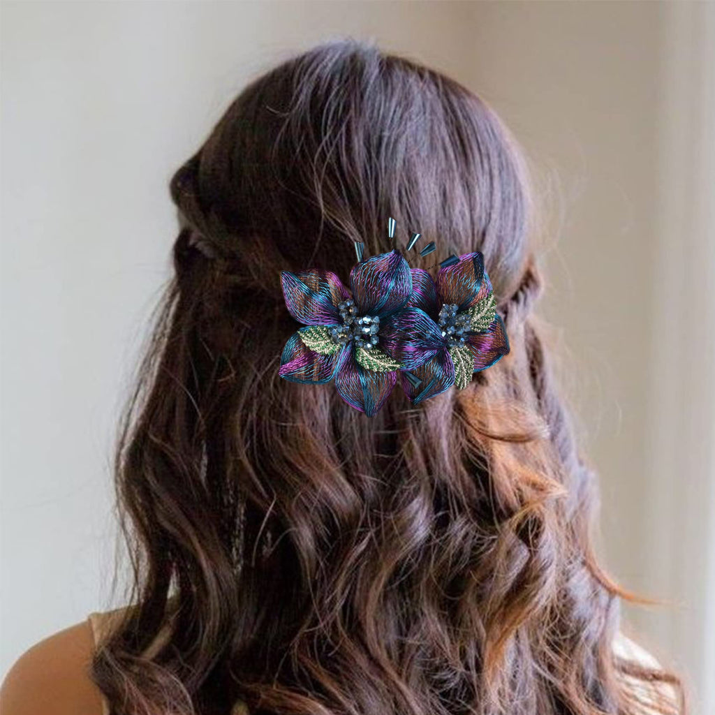 Mistofu 3.93-Inch DIY Copper Wire Handwoven Barrette | Gradient Double Flower Hair Accessory