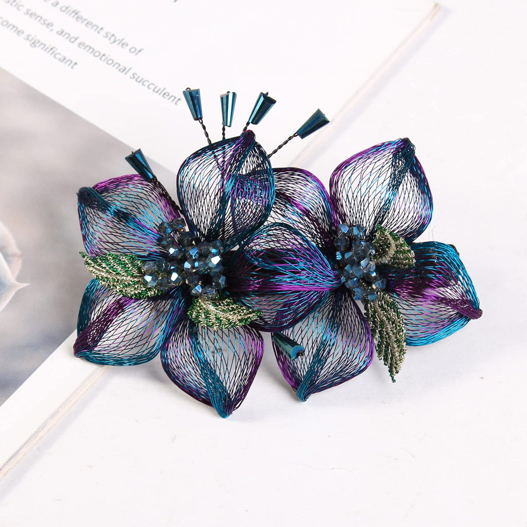 Mistofu 3.93-Inch DIY Copper Wire Handwoven Barrette | Gradient Double Flower Hair Accessory