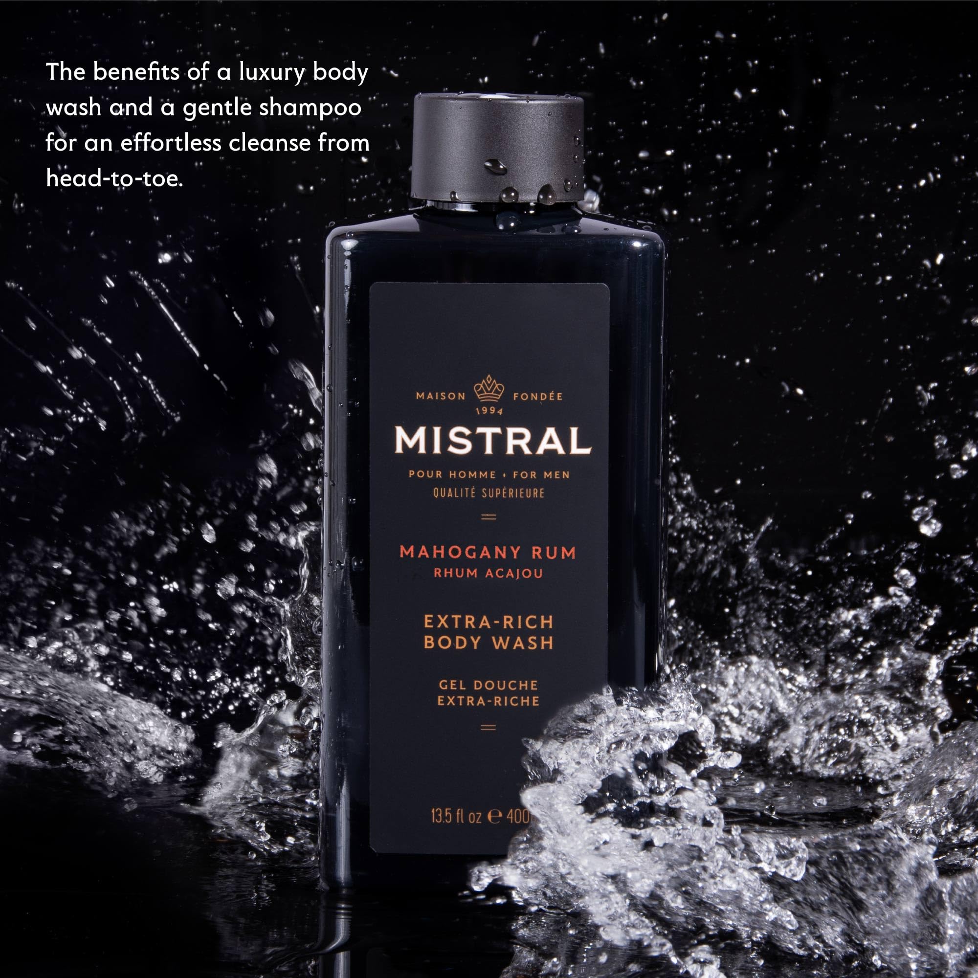 Mistral Mahogany Rum 2-in-1 Men’s Body Wash & Shampoo – 13.5 oz | Natural, SLS/Paraben/Phthalate Free, Made in France
