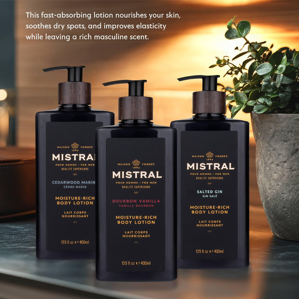 Mistral Bourbon Vanilla Body Lotion for Men | Fast-Absorbing Moisture-Rich Formula