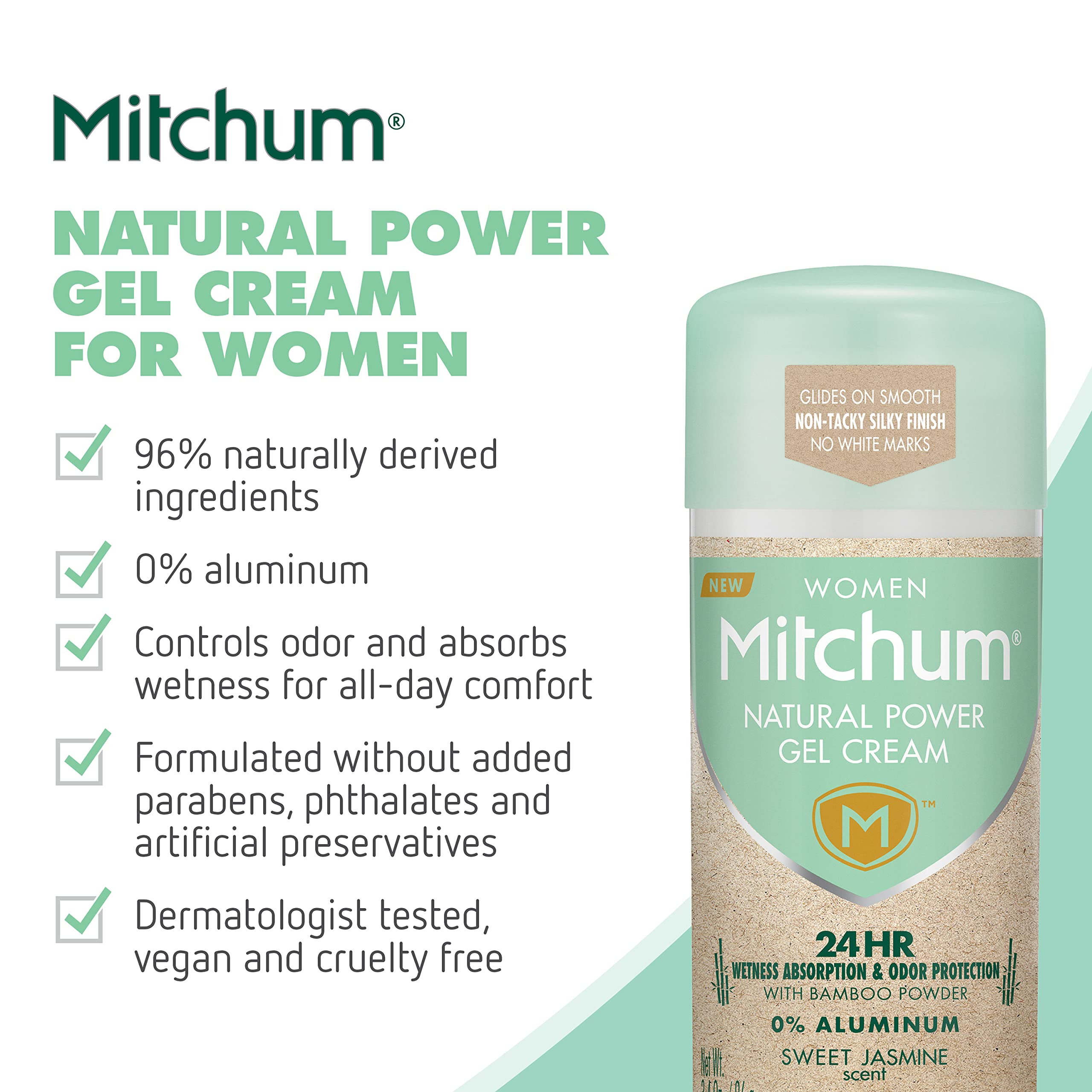 Mitchum Natural Power Gel Cream for Women, Sweet Jasmine – Aluminum-Free, 24-Hour Odor & Wetness Protection