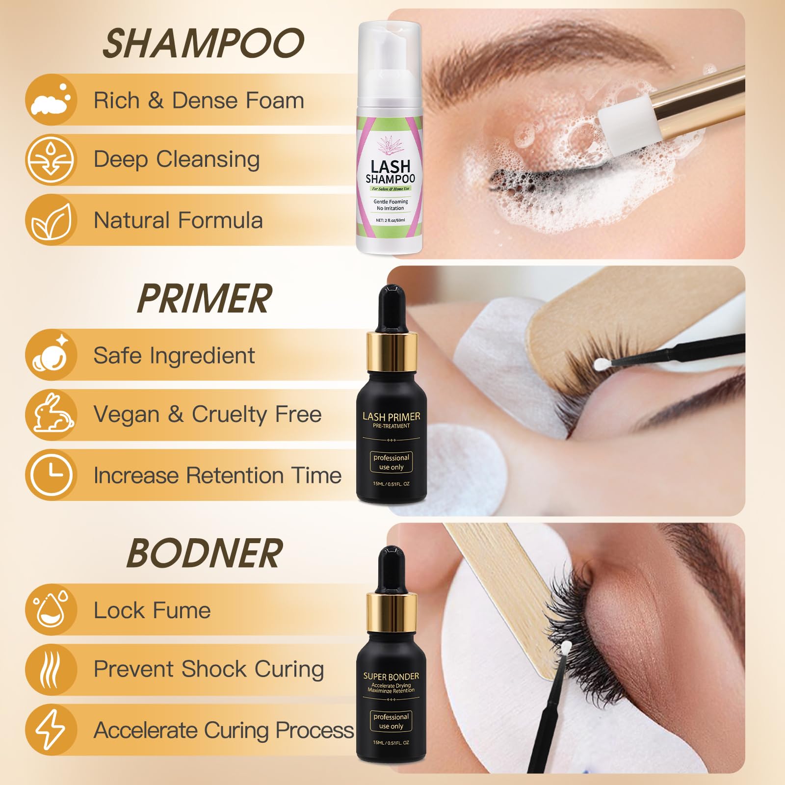 Miuffue Lash Bonder Primer & Shampoo Kit for Eyelash Extensions – Pro Use (15ml+15ml+60ml)