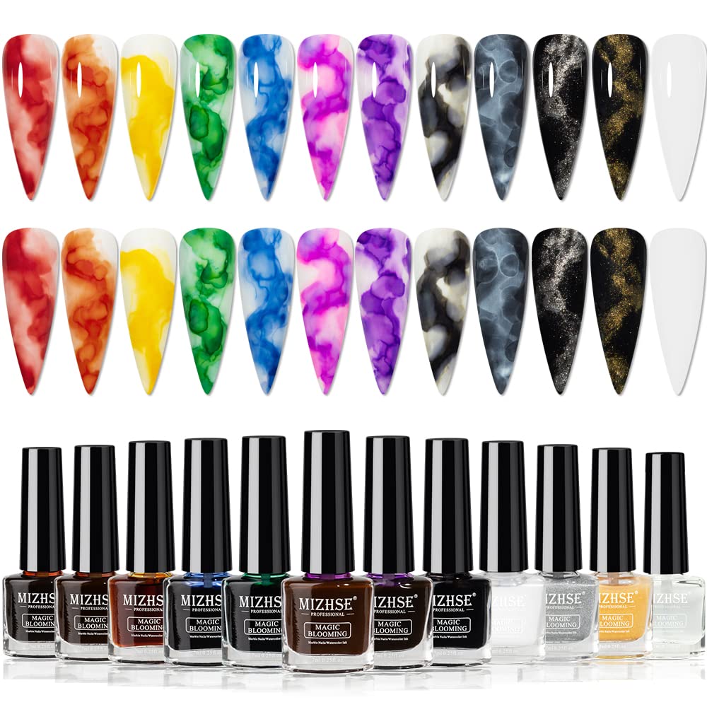 MIZHSE 12PCS Marble Nail Polish Kit | Blooming Gel Marble Ink (Gold Blue Purple)