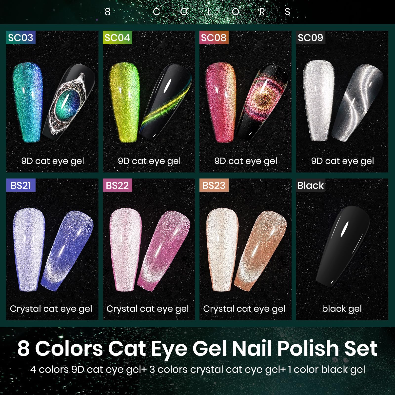 MIZHSE Cat Eye Gel Nail Polish Set - 8 Colors + Magnet Stick | 9D Cat Eye & Holographic Glitter