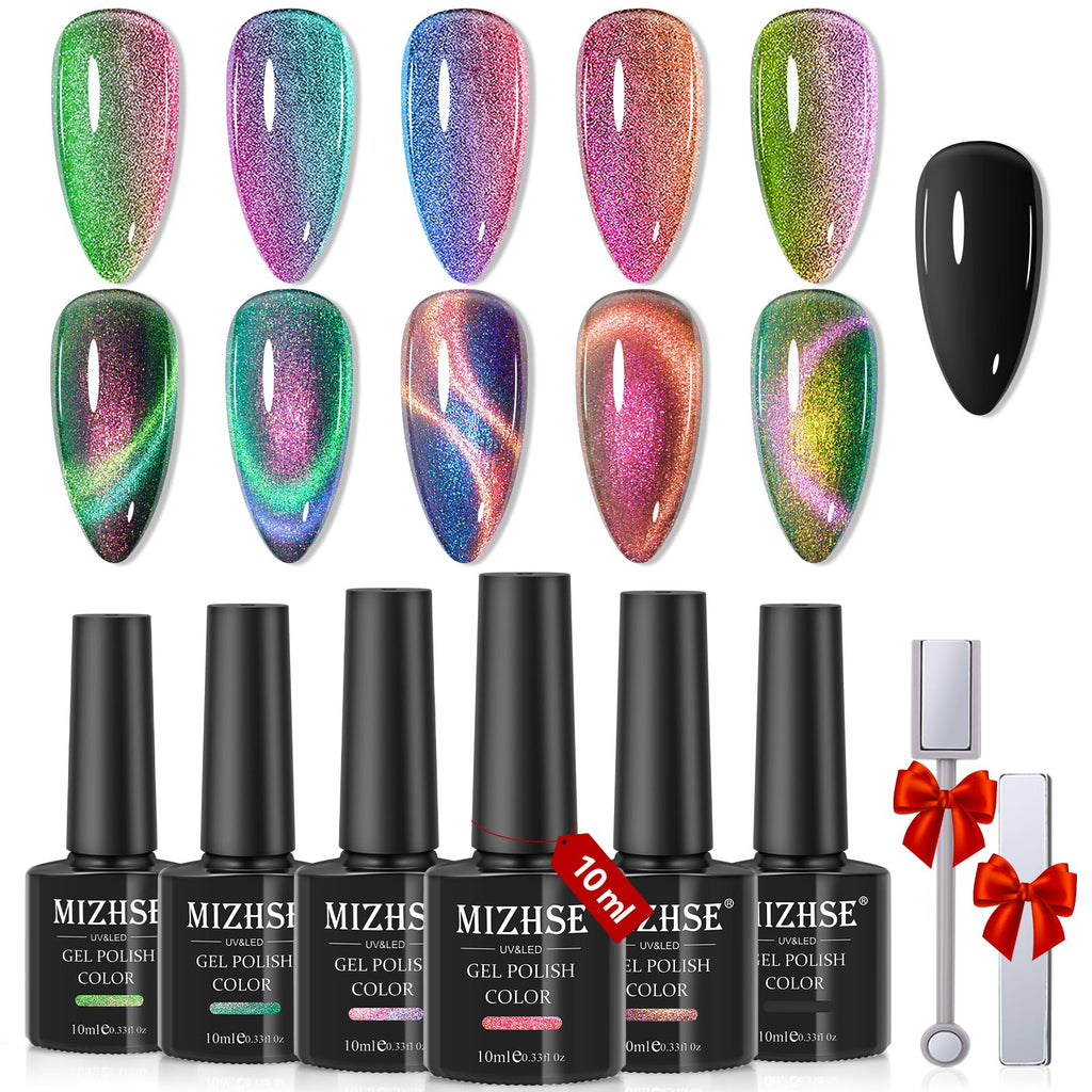 MIZHSE 9D Cat Eye Gel Nail Polish Kit — 6 Colors + 2 Magnetic Sticks (10 ml) | Soak-Off Gel Polish