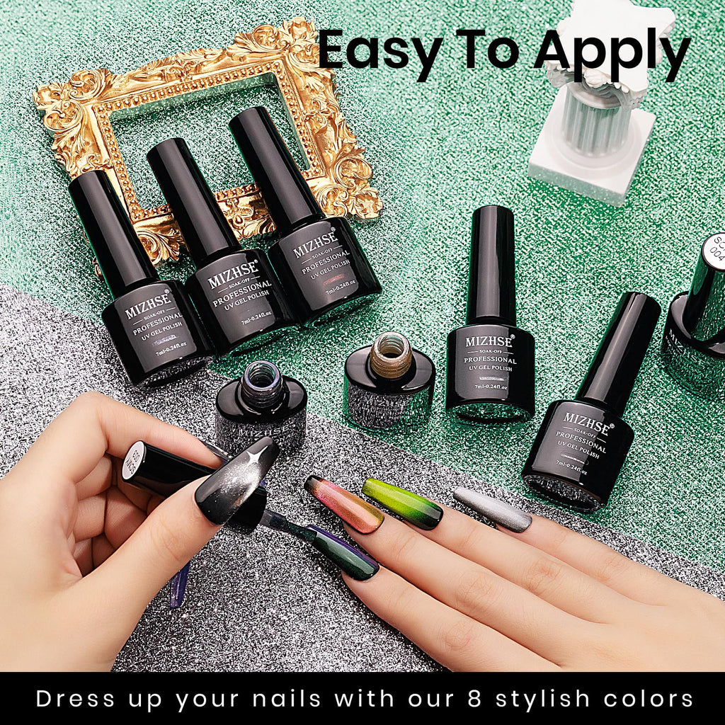 MIZHSE Cat Eye Gel Nail Polish Set - 8 Colors + Magnet Stick | 9D Cat Eye & Holographic Glitter