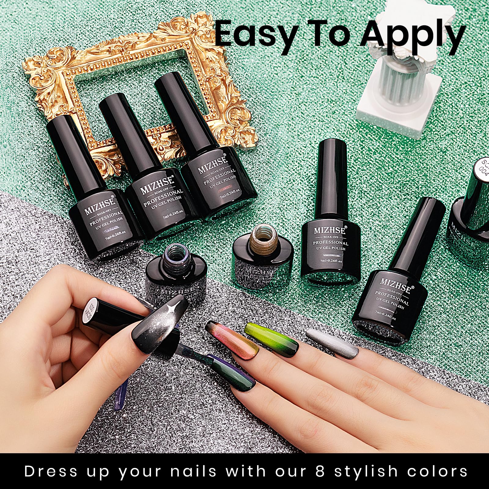 MIZHSE Cat Eye Gel Nail Polish Set - 8 Colors + Magnet Stick | 9D Cat Eye & Holographic Glitter