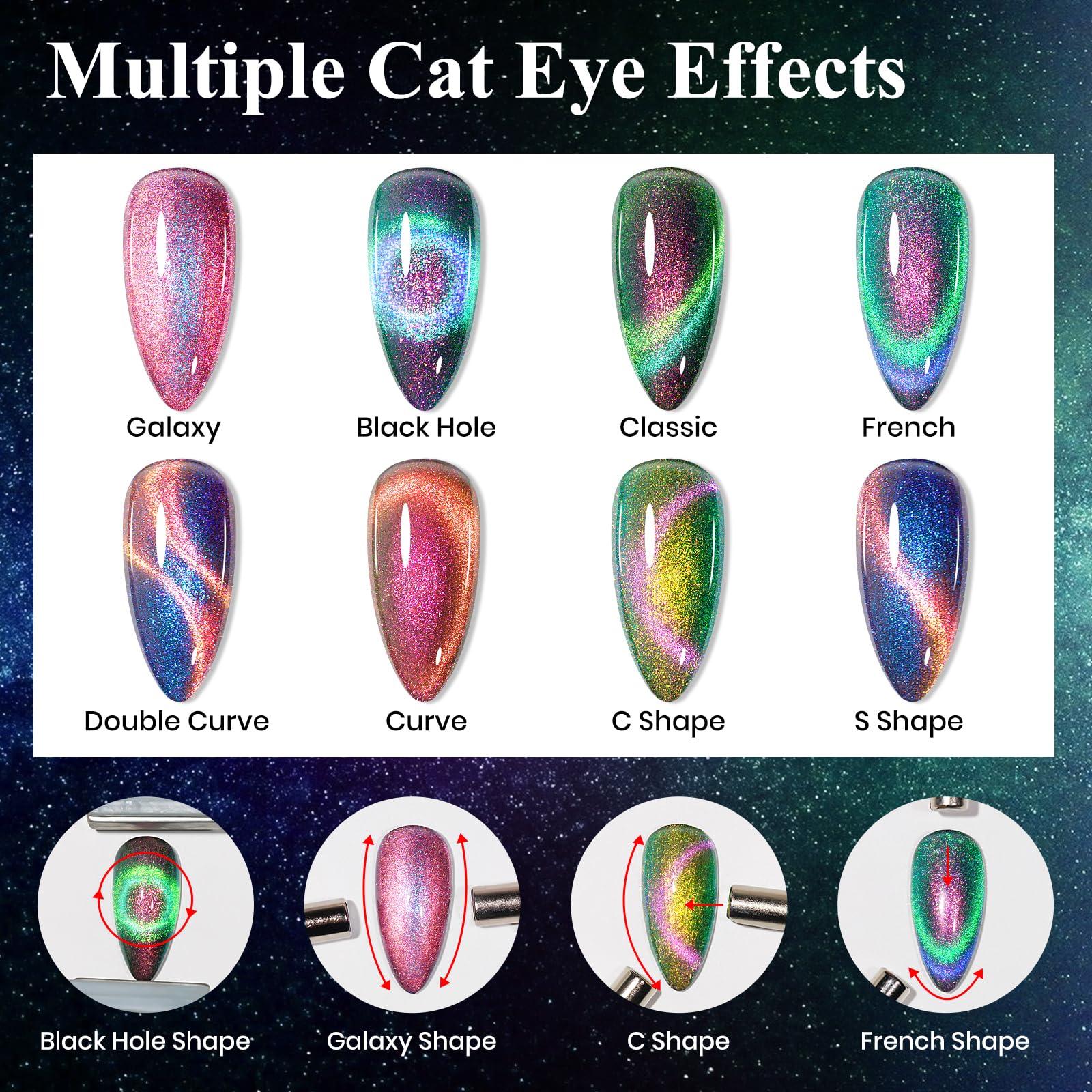 MIZHSE 9D Cat Eye Gel Nail Polish Kit — 6 Colors + 2 Magnetic Sticks (10 ml) | Soak-Off Gel Polish