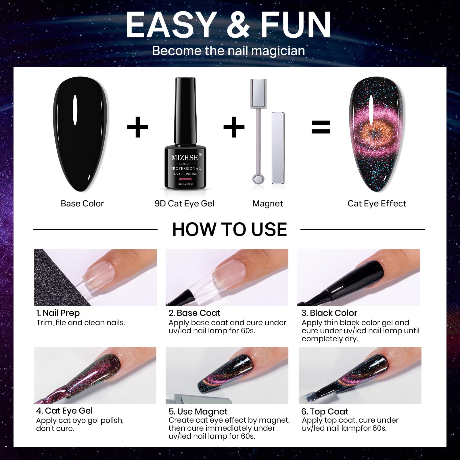 MIZHSE Cat Eye Gel Nail Polish Kit — 10 Colors + Magnetic Stick, Galaxy Holographic Effect