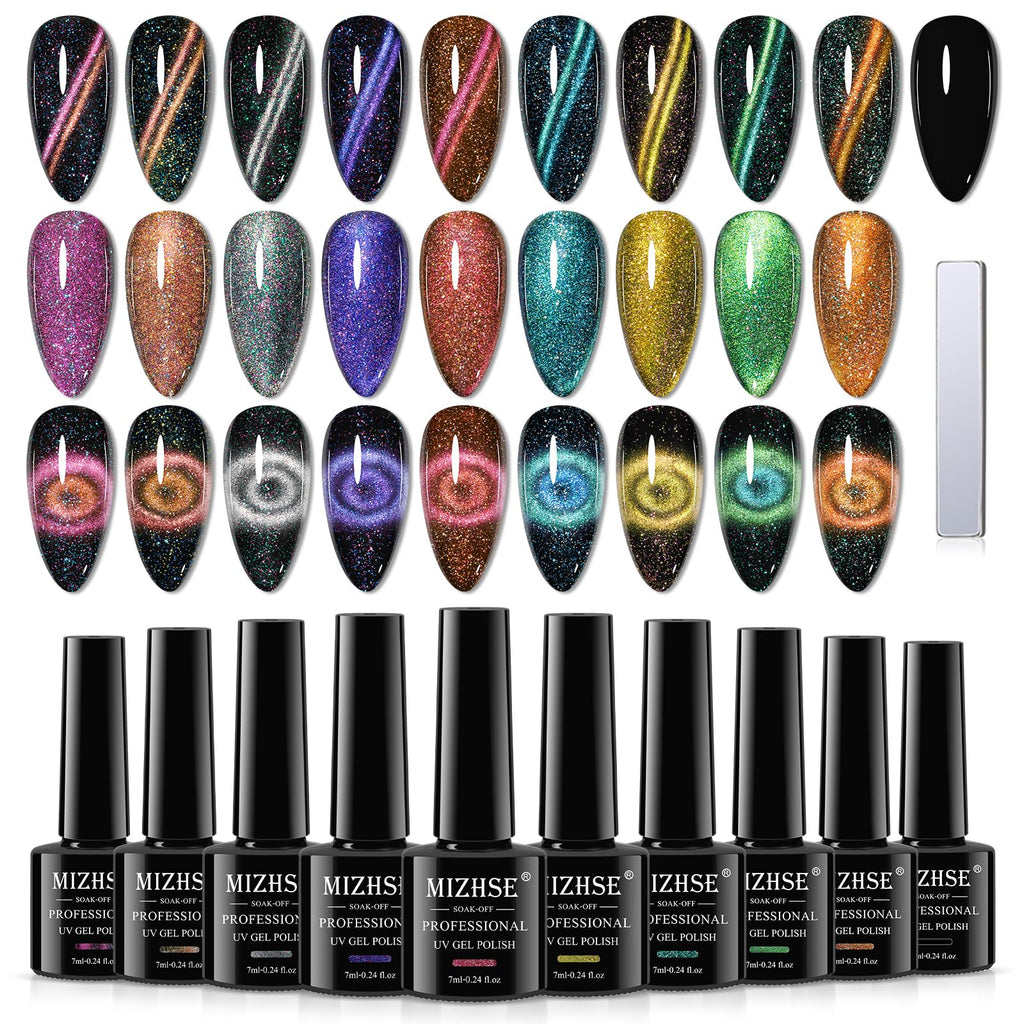 MIZHSE Cat Eye Gel Nail Polish Kit — 10 Colors + Magnetic Stick, Galaxy Holographic Effect