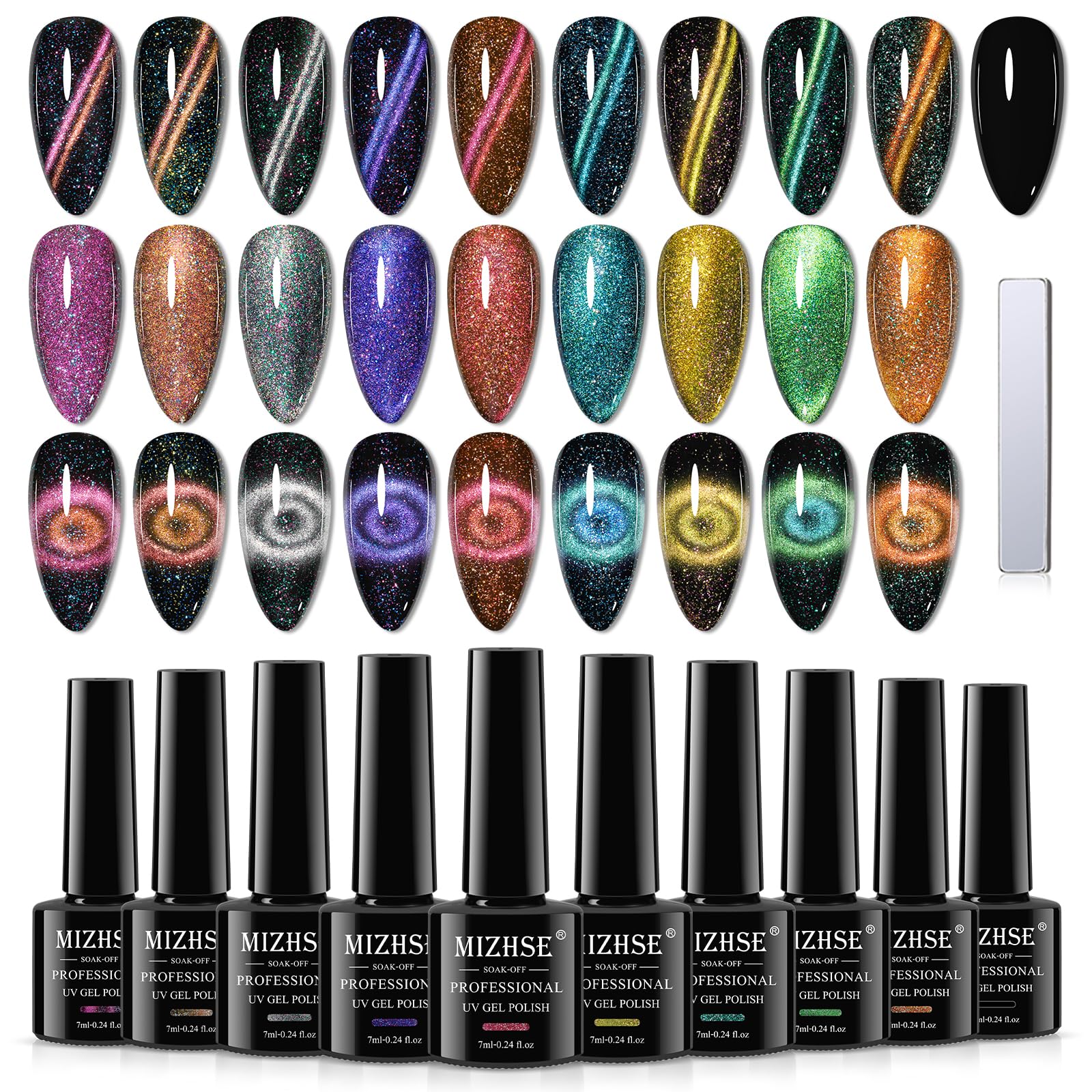 MIZHSE Cat Eye Gel Nail Polish Kit — 10 Colors + Magnetic Stick, Galaxy Holographic Effect