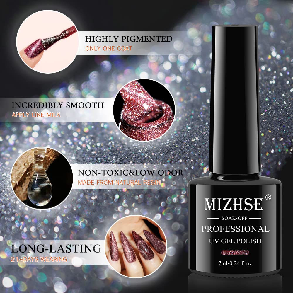 MIZHSE Reflective Glitter Cat Eye Gel Nail Polish 7ml – Magnetic Cat Eye Gel Set for DIY Nail Art