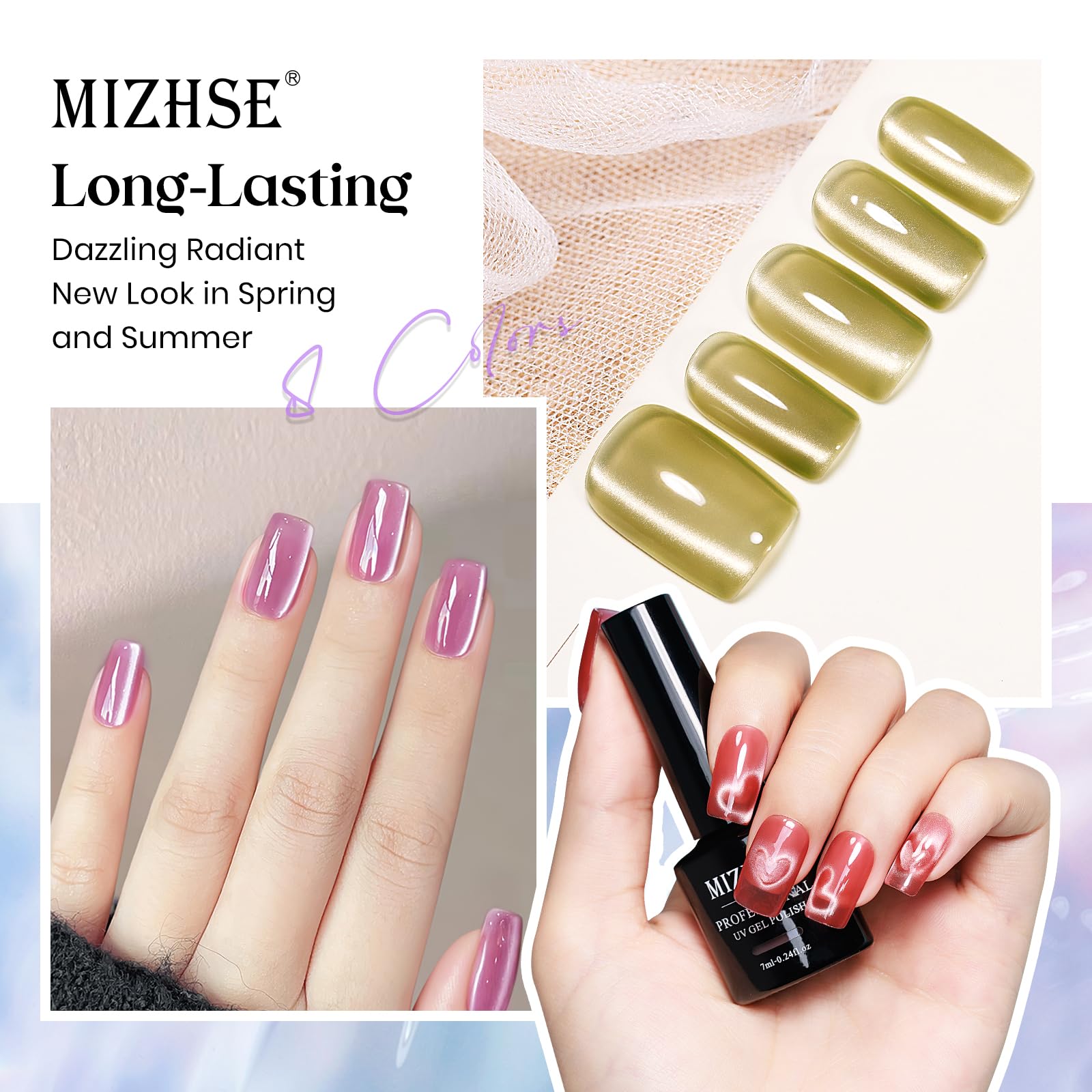 MIZHSE Cat Eye Gel Nail Polish Kit — 8 Magnetic Colors + Magnet Stick | Crystal Glass Finish