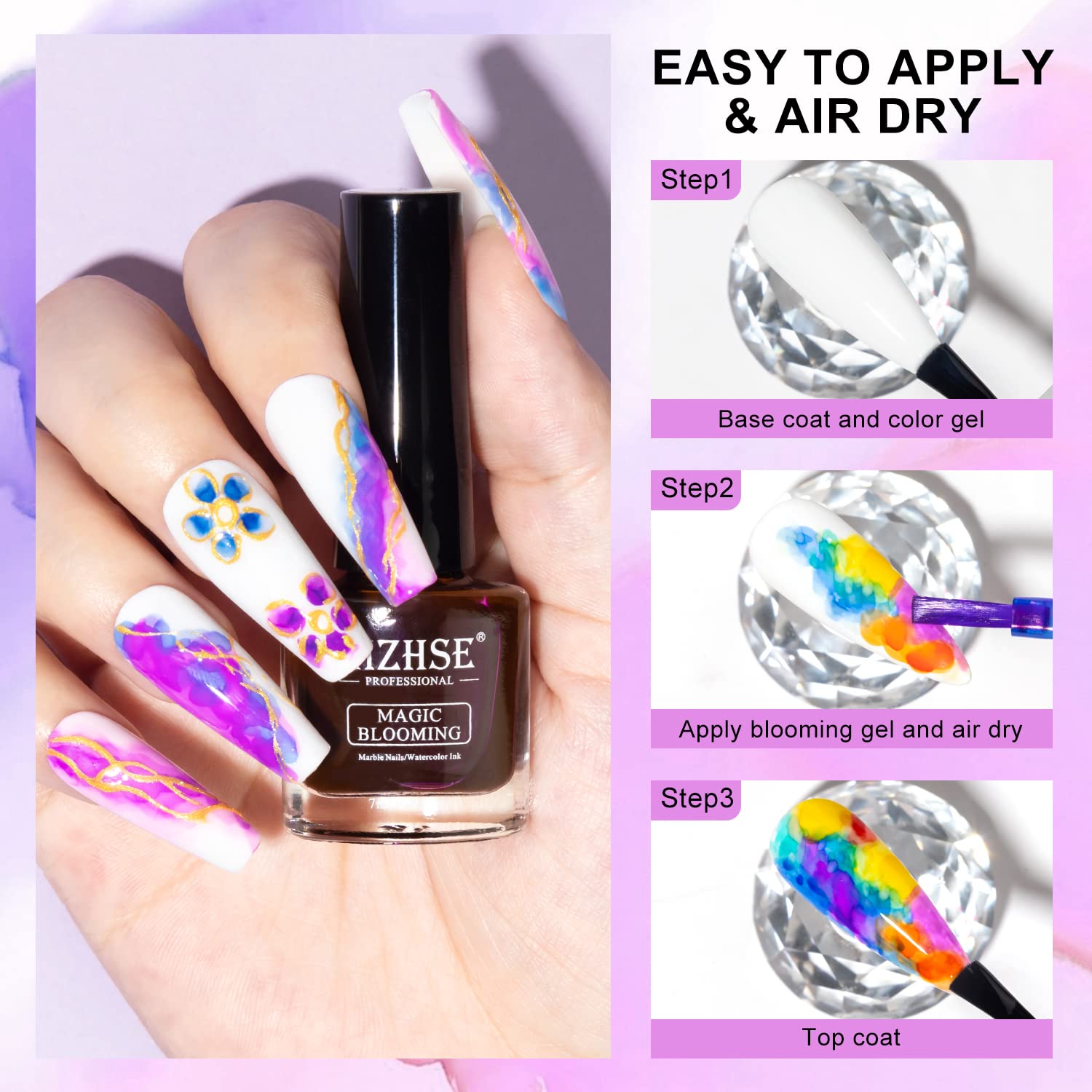 MIZHSE 12PCS Marble Nail Polish Kit | Blooming Gel Marble Ink (Gold Blue Purple)