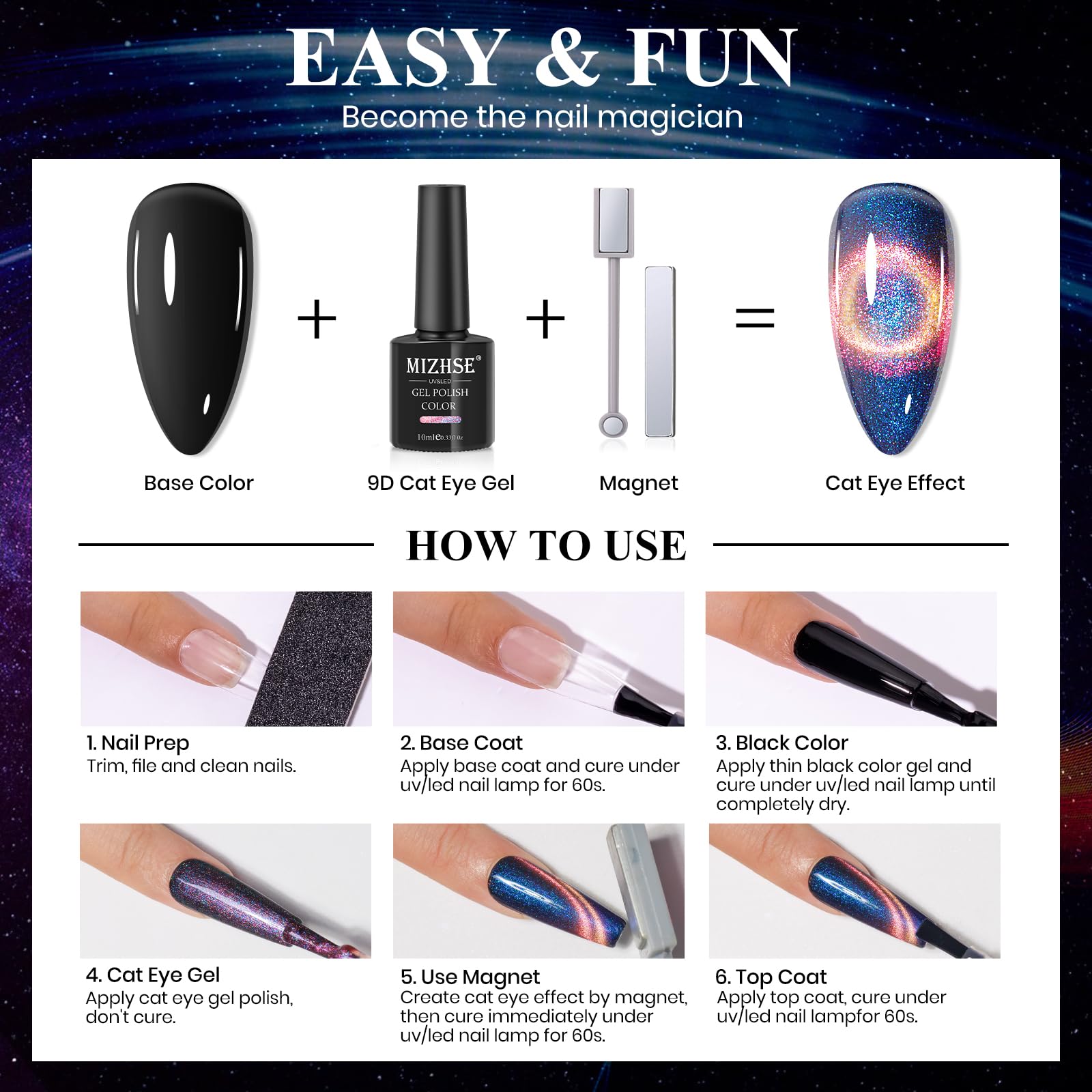 MIZHSE 9D Cat Eye Gel Nail Polish Kit — 6 Colors + 2 Magnetic Sticks (10 ml) | Soak-Off Gel Polish