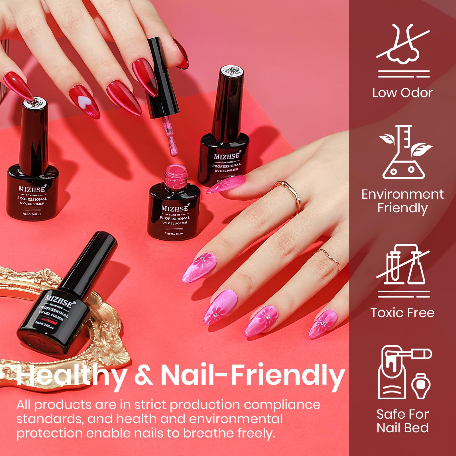 MIZHSE Cat Eye Gel Nail Polish Set – Pink Magnetic Gel Polish with Magnet Stick, Neon Hot Pink Gloss