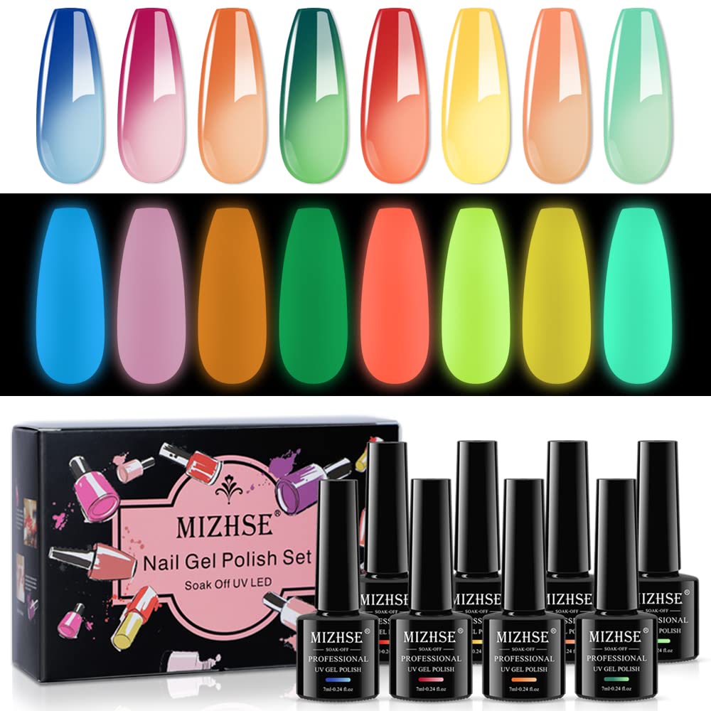 MIZHSE Mood Temperature Color Changing Nail Polish Set – Glow in the Dark Gel Polish, 8 Colors, Soak Off