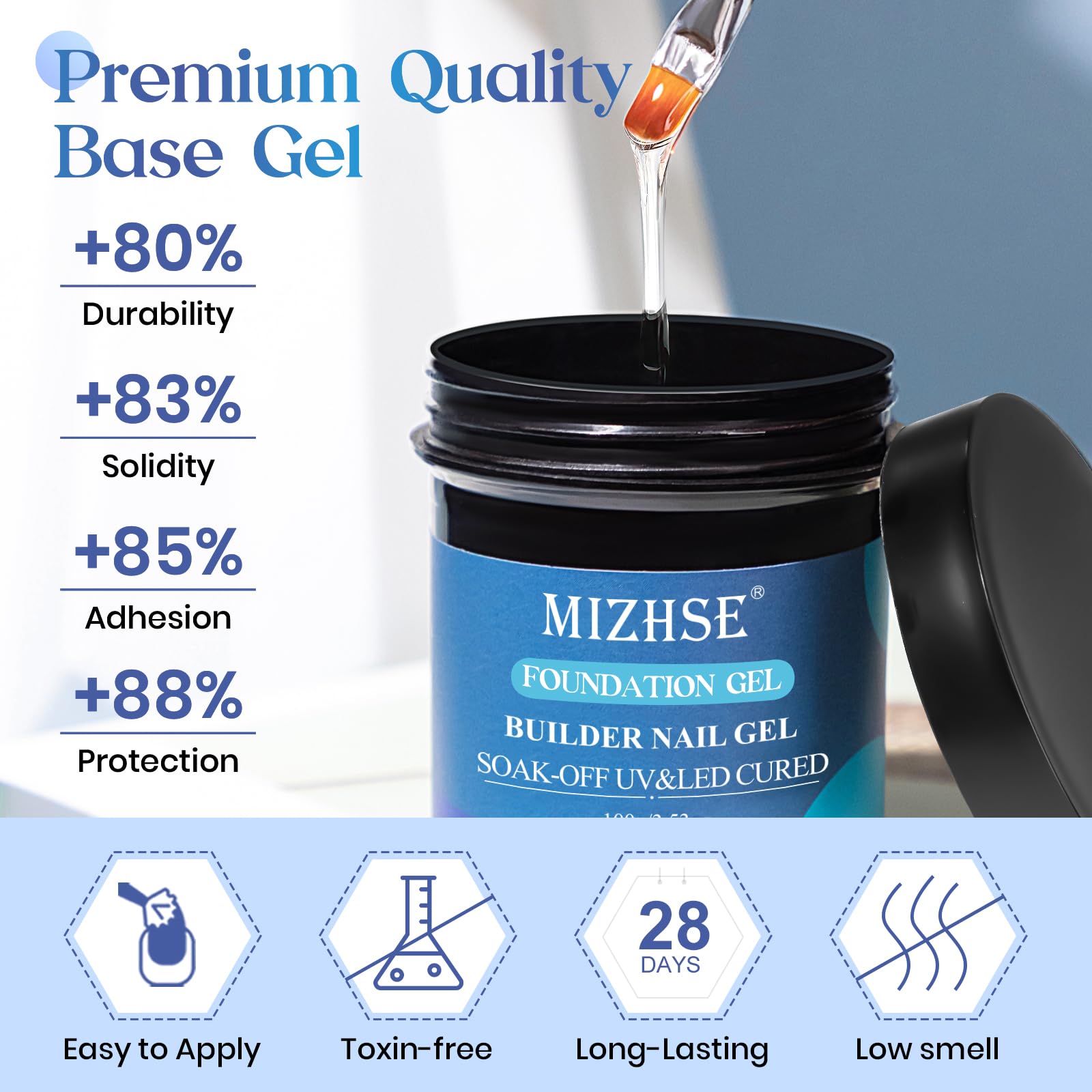 MIZHSE 100ml Gel Base Coat – Clear Foundation for Long-Lasting Soak-Off Gel Nails Kit