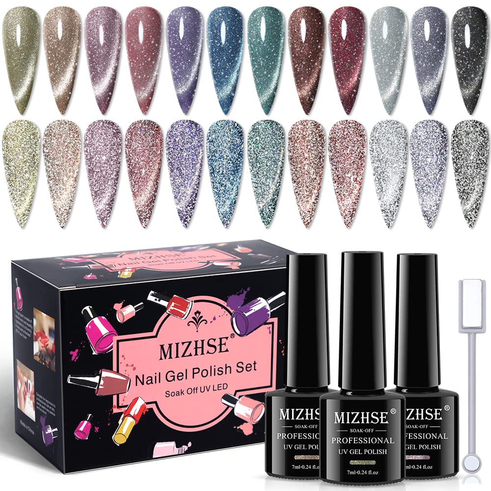 MIZHSE Reflective Glitter Cat Eye Gel Nail Polish 7ml – Magnetic Cat Eye Gel Set for DIY Nail Art