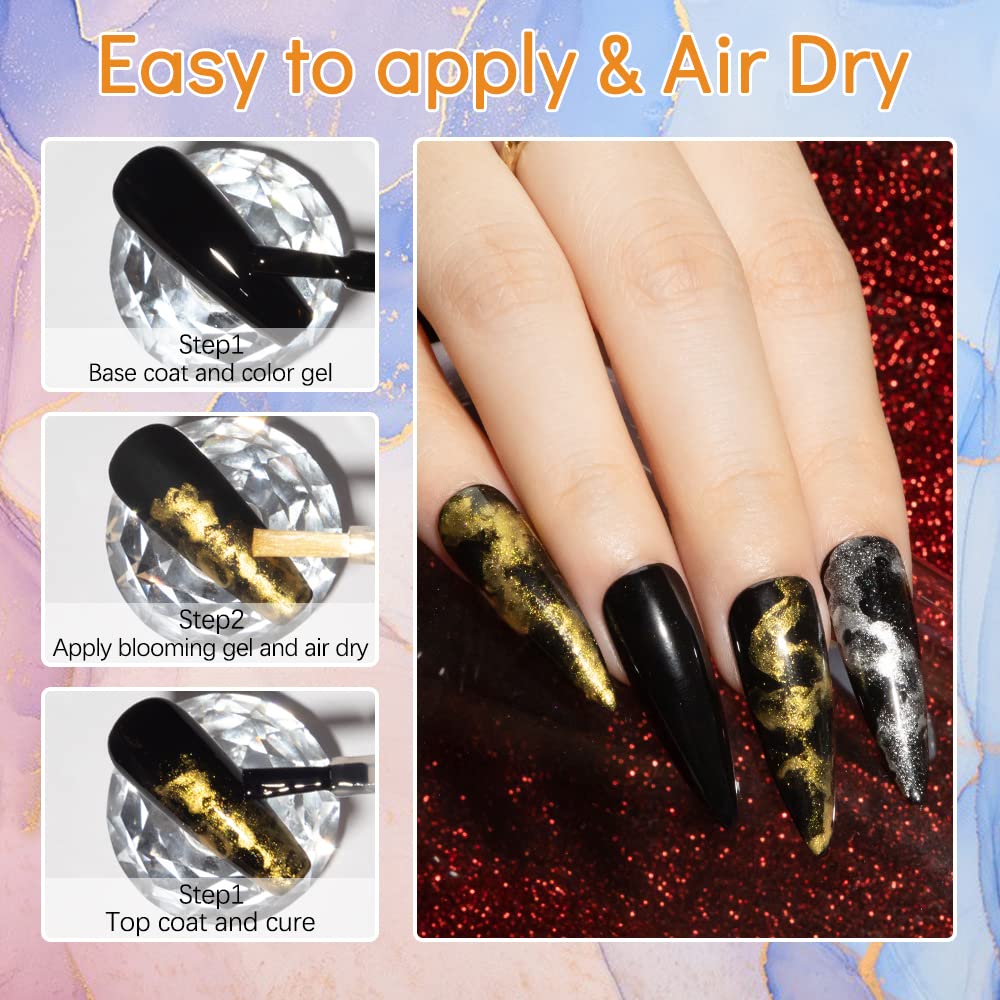 MIZHSE 12PCS Marble Nail Polish Kit | Blooming Gel Marble Ink (Gold Blue Purple)