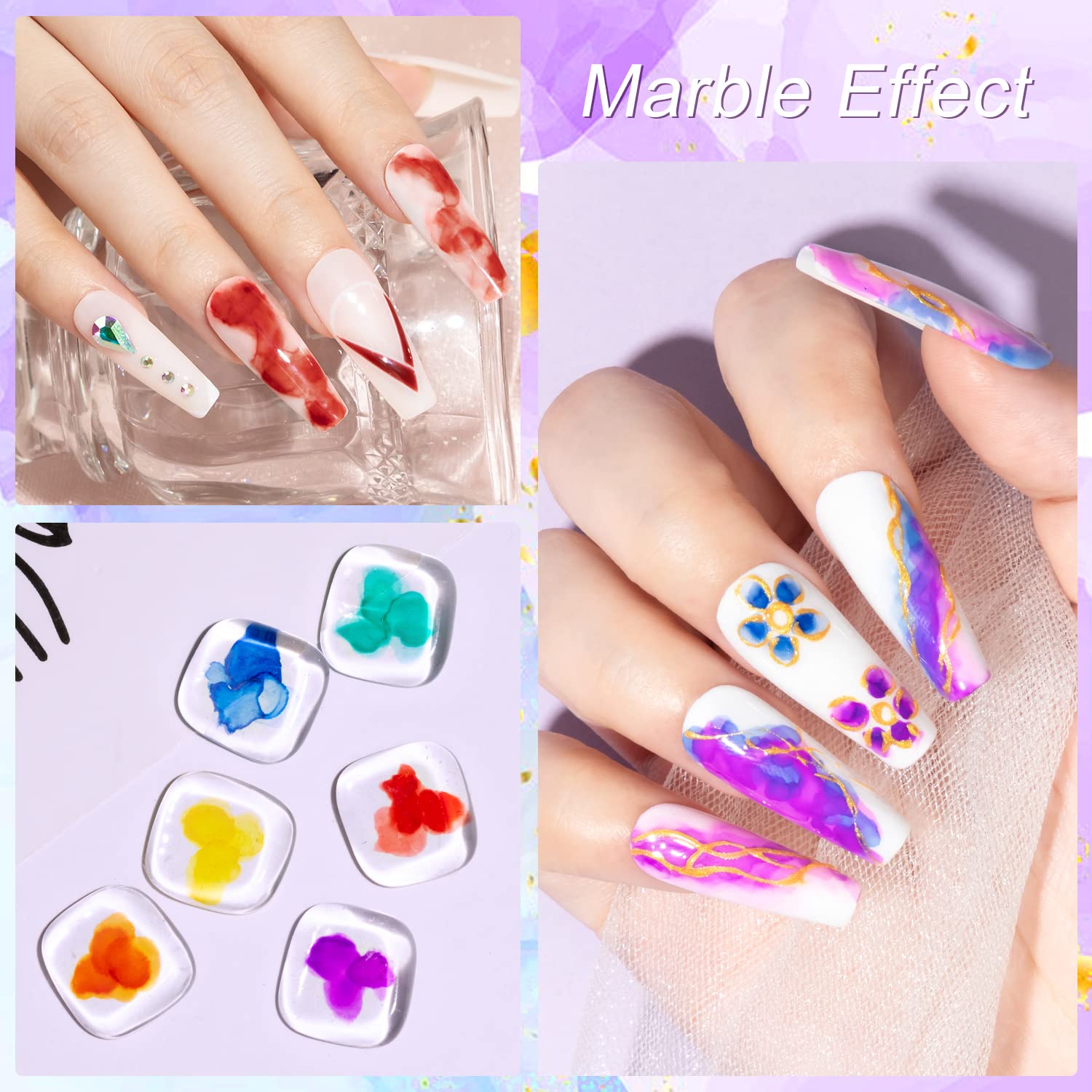 MIZHSE 12PCS Marble Nail Polish Kit | Blooming Gel Marble Ink (Gold Blue Purple)