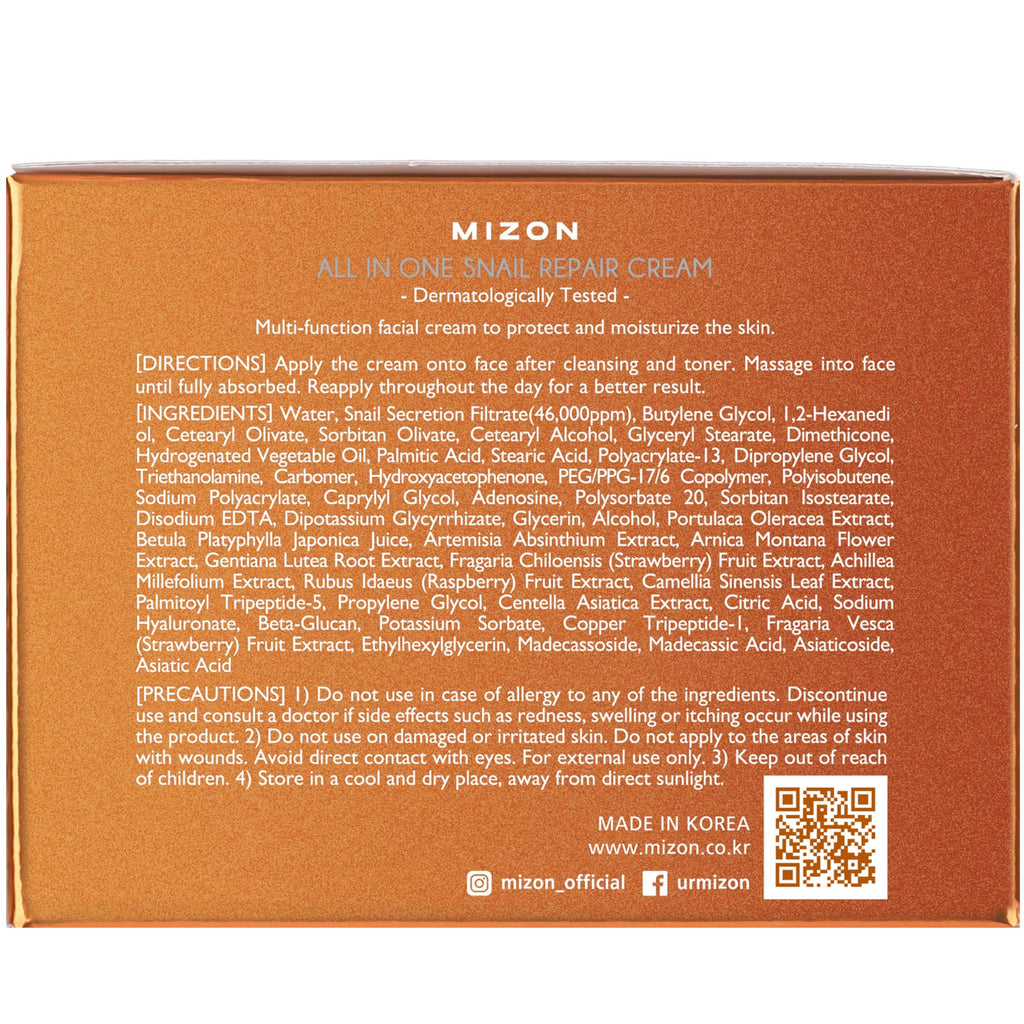 MIZON AllinOne Snail Repair Cream – Hydrating Korean Moisturizer with 40000 ppm Snail Mucin & 12 Natural Extracts