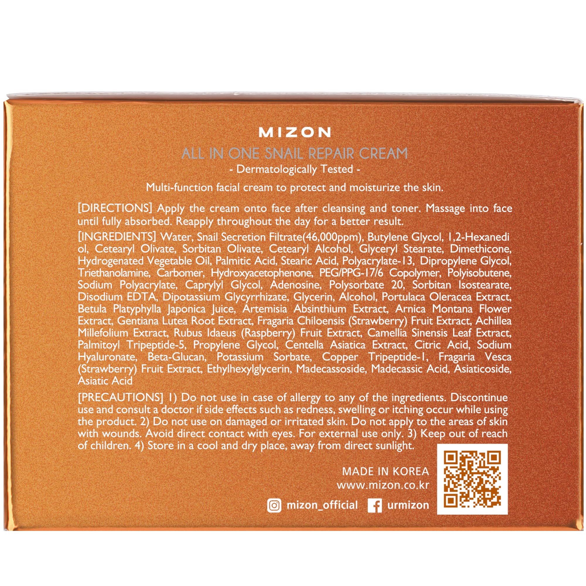 MIZON AllinOne Snail Repair Cream – Hydrating Korean Moisturizer with 40000 ppm Snail Mucin & 12 Natural Extracts