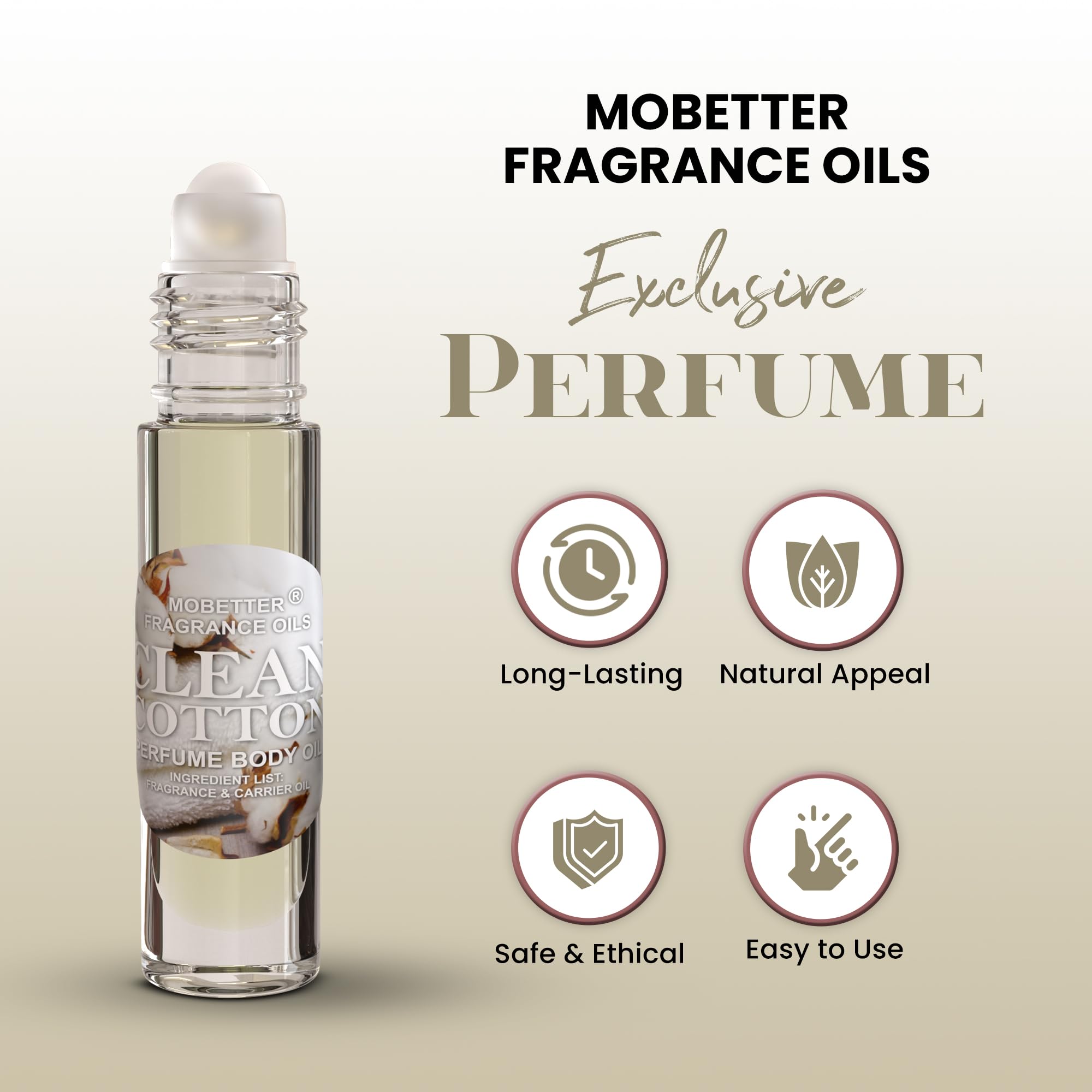 MOBETTER Clean Cotton Perfume Body Oil — Alcohol-Free, Long-Lasting Fragrance