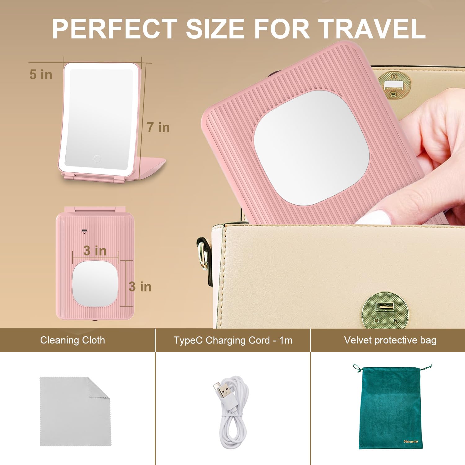 Mocado Travel Makeup Mirror with Light – 10x Magnification, 3 Color Modes, 2000mAh Battery (Pink)