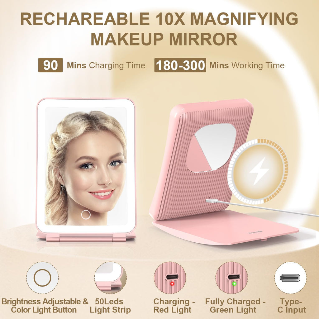 Mocado Travel Makeup Mirror with Light – 10x Magnification, 3 Color Modes, 2000mAh Battery (Pink)