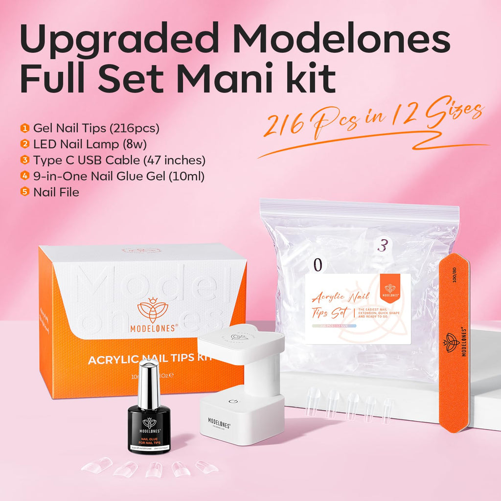 Modelones Short Square Gel Nail Tips Kit | 9-in-1 Nail Glue Gel, 216 Tips, Portable UV/LED Lamp