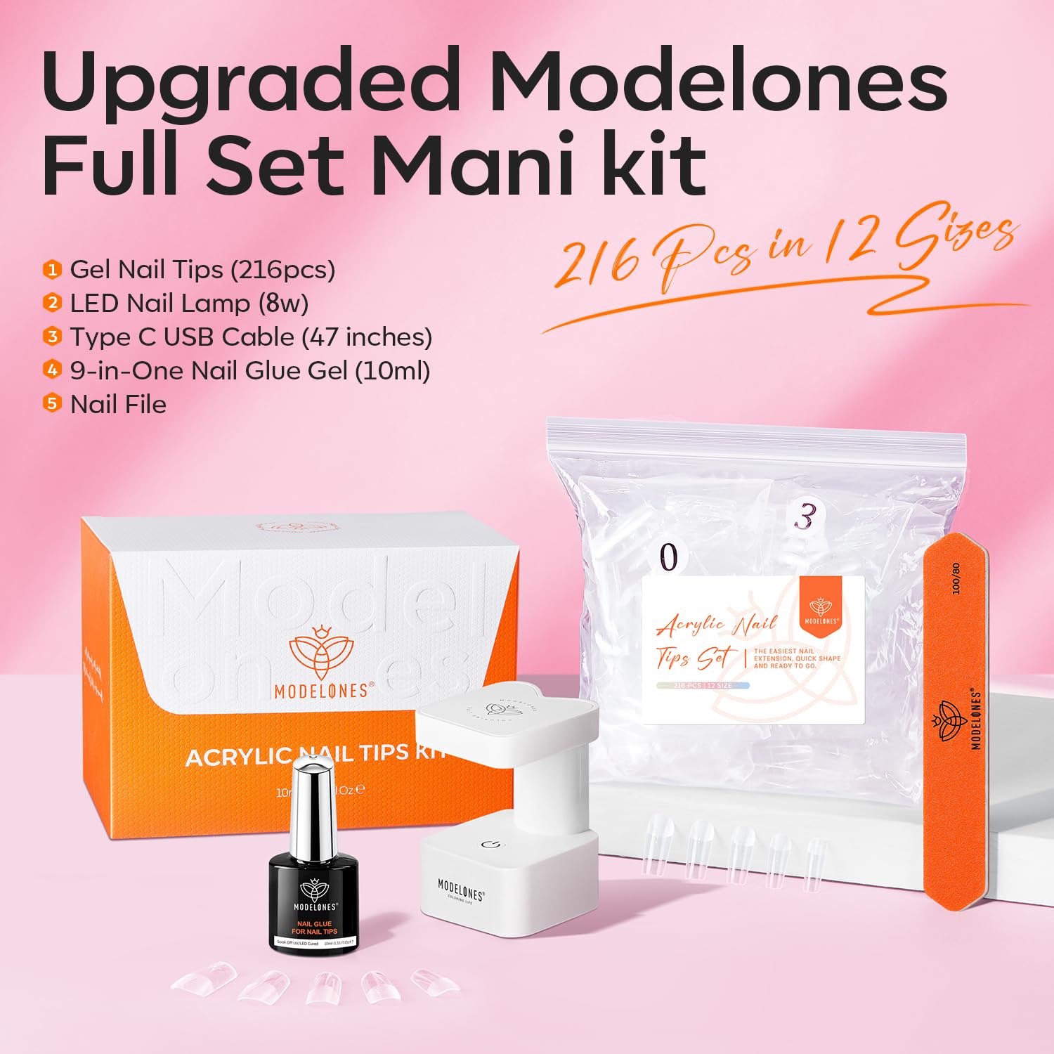 Modelones Short Square Gel Nail Tips Kit | 9-in-1 Nail Glue Gel, 216 Tips, Portable UV/LED Lamp