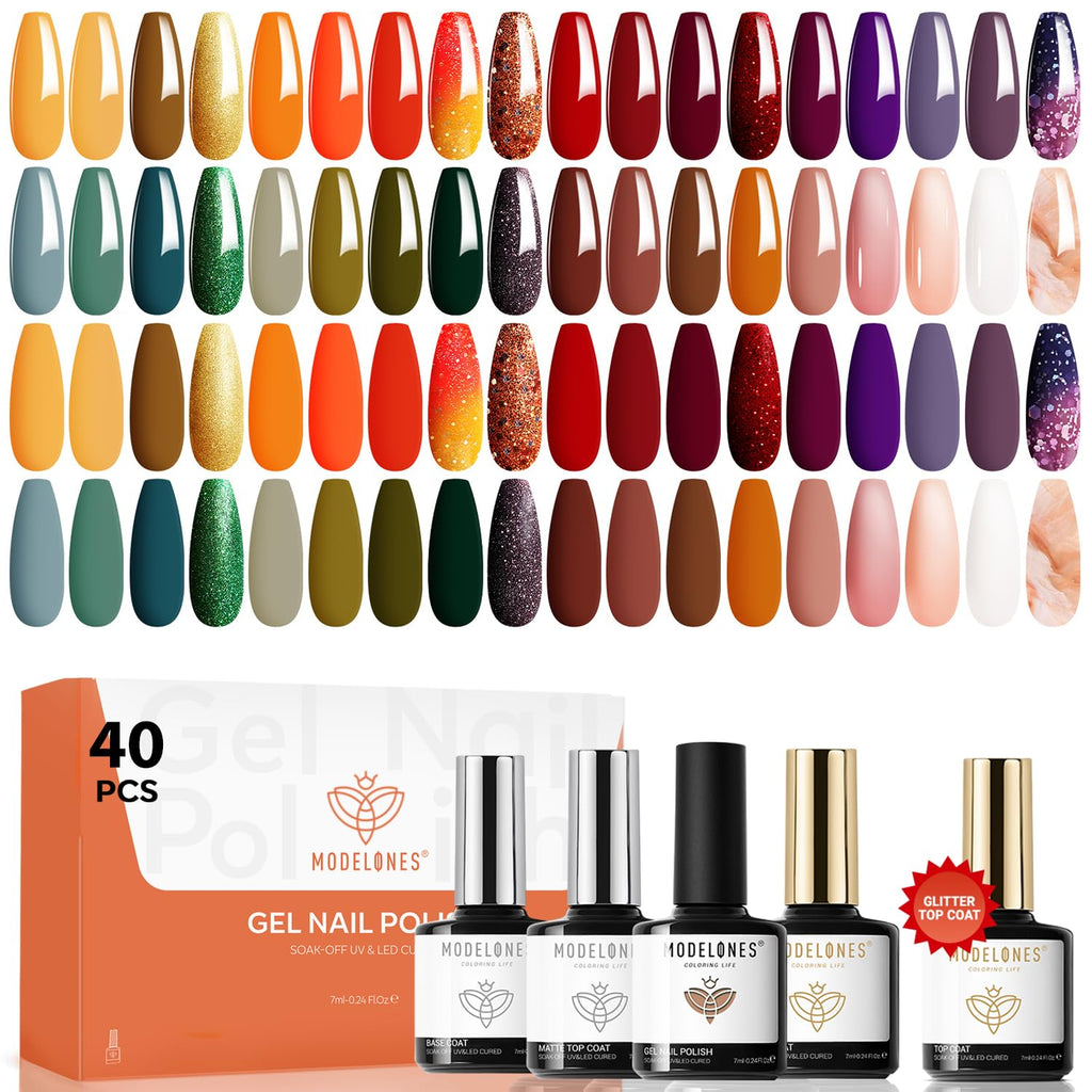 Modelones 40-Pcs Gel Nail Polish Set with Base Coat & 3 Top Coats – Vibrant Nude to Bright Colors