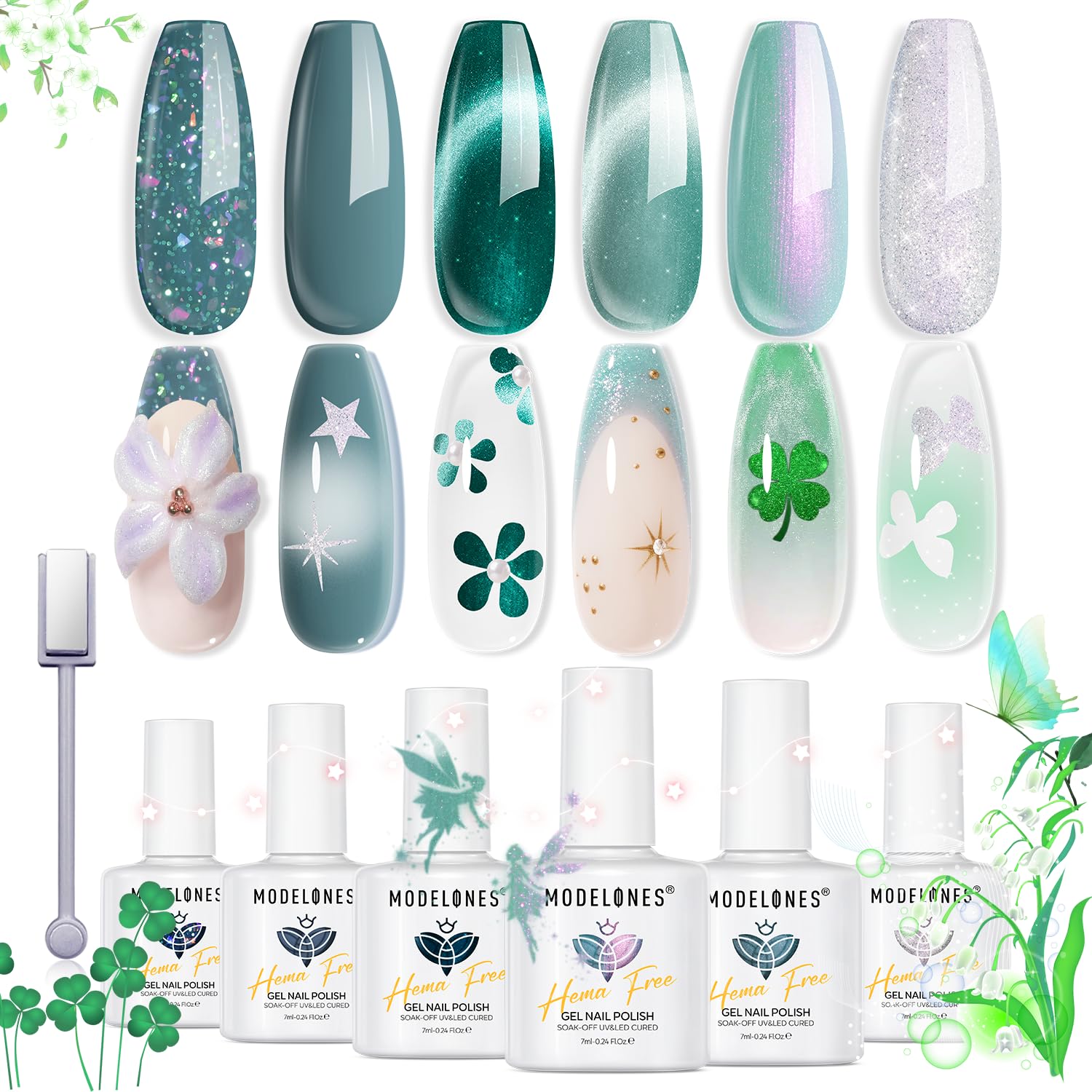 Modelones Gel Nail Polish Kit – 6 HEMA-Free Cat Eye Colors + Magnet