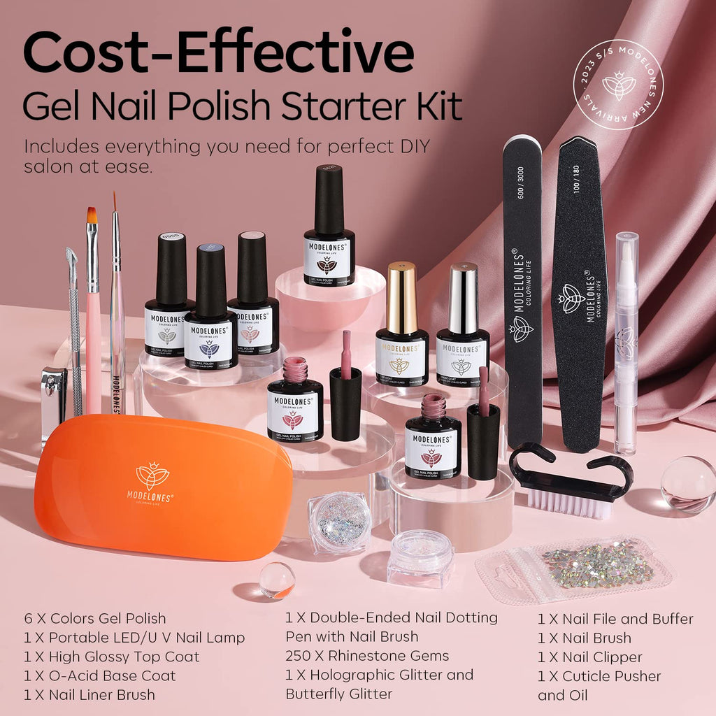 Modelones 20PCS Gel Nail Polish Kit with UV/LED Lamp – 6 Colors Starter DIY Manicure Set