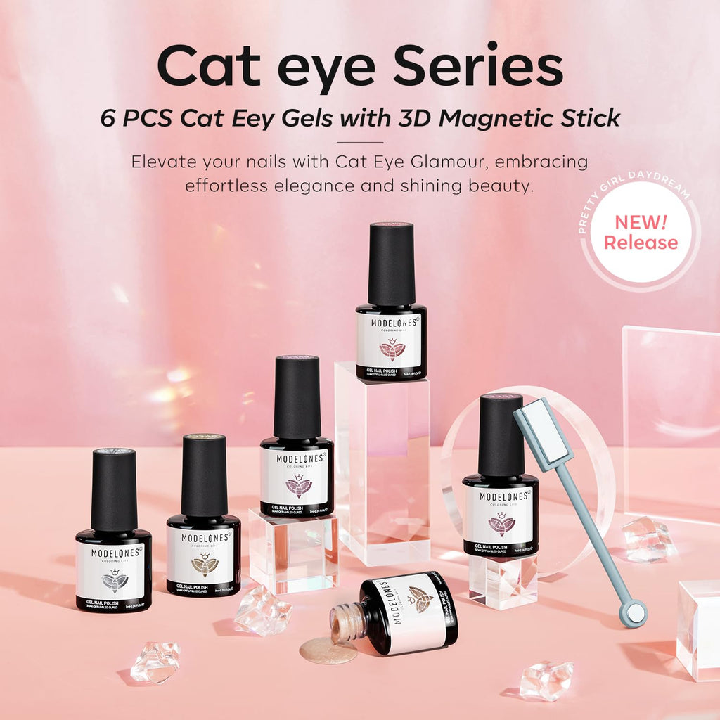 Modelones Gel Nail Polish Set – 6 Nude Pink Cat Eye Polishes + Magnetic Stick (9D Glassy)