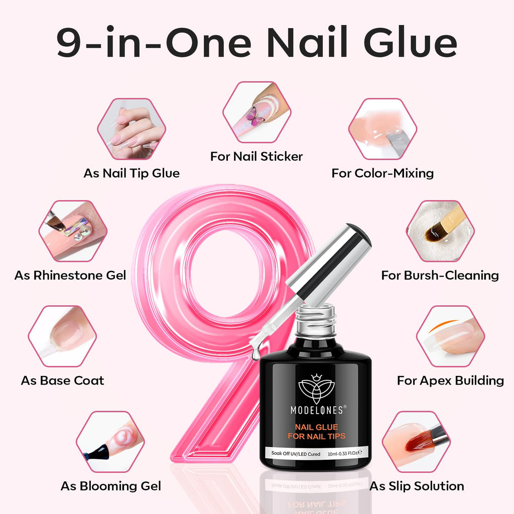 Modelones Short Square Gel Nail Tips Kit | 9-in-1 Nail Glue Gel, 216 Tips, Portable UV/LED Lamp