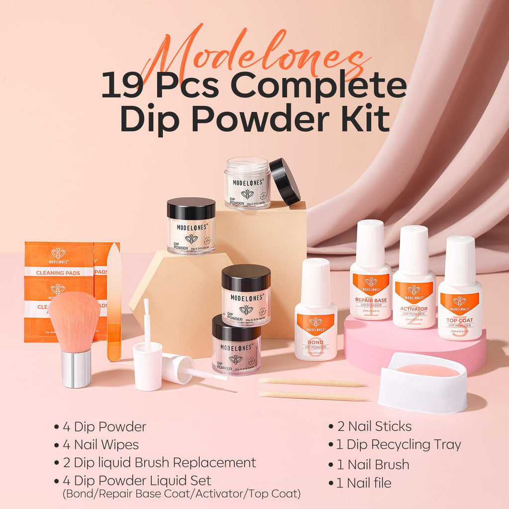 Modelones Dip Powder Nail Kit – 4-Color Nude Pink Glitter Set with Liquid & Tools, No Lamp Needed, DIY Home Manicure