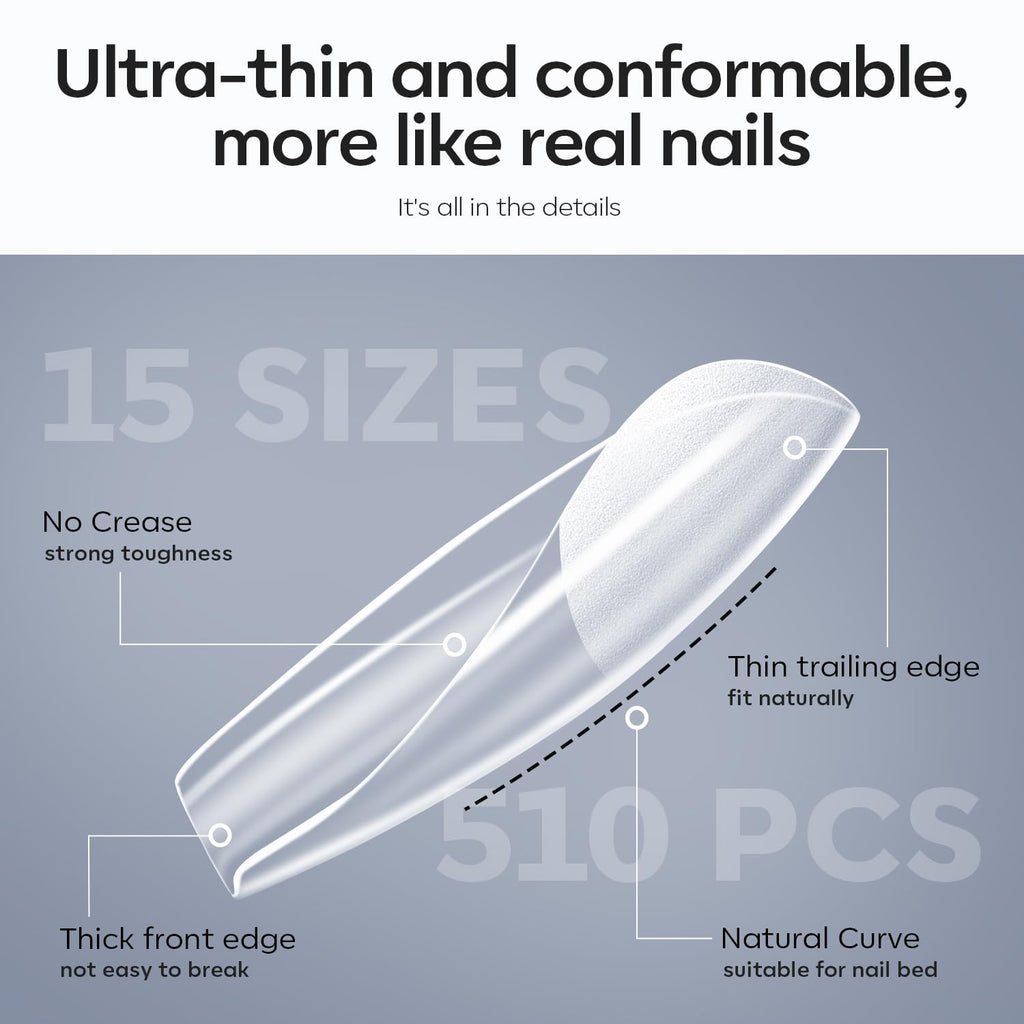 Modelones X Nail Gel Kit Medium Coffin – 510 PCS Nails, 9-in-One Glue, UV Lamp, Dehydrator, Clipper | DIY Home Salon