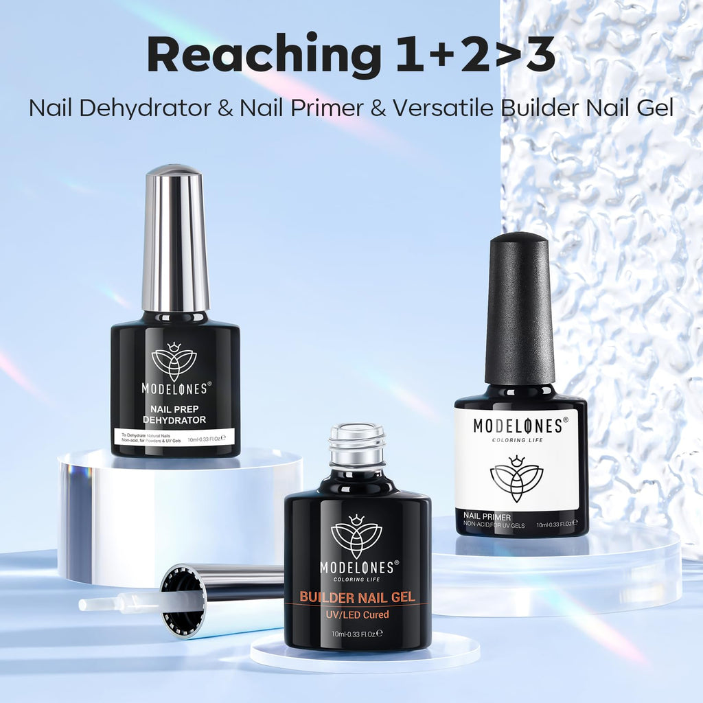Modelones Nail Dehydrator, Primer & Builder Gel Kit – 3Pcs for Stronger, Lasting Nail Enhancements