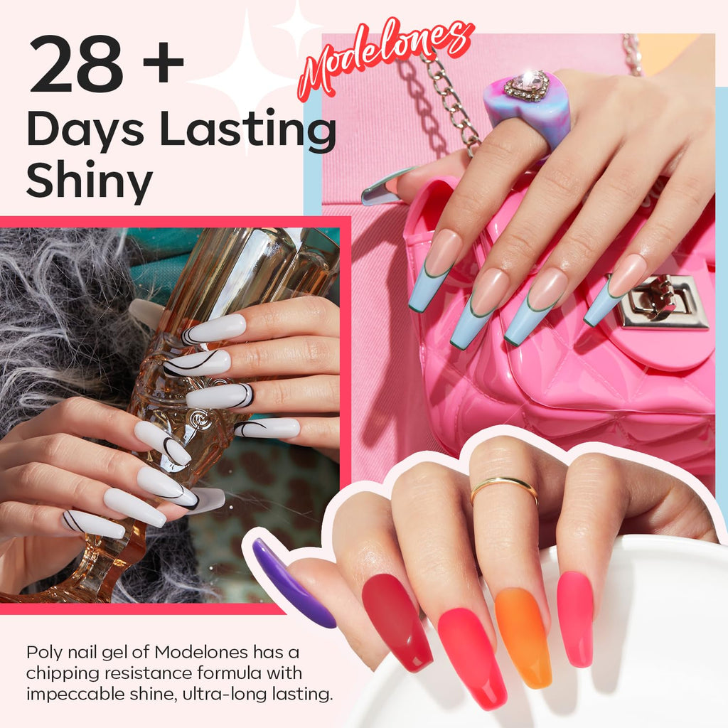 Modelones 133pcs Poly Nail Gel Kit | 32 Colors Spring Pink Pastel – Starter Extension Kit with UV Lamp