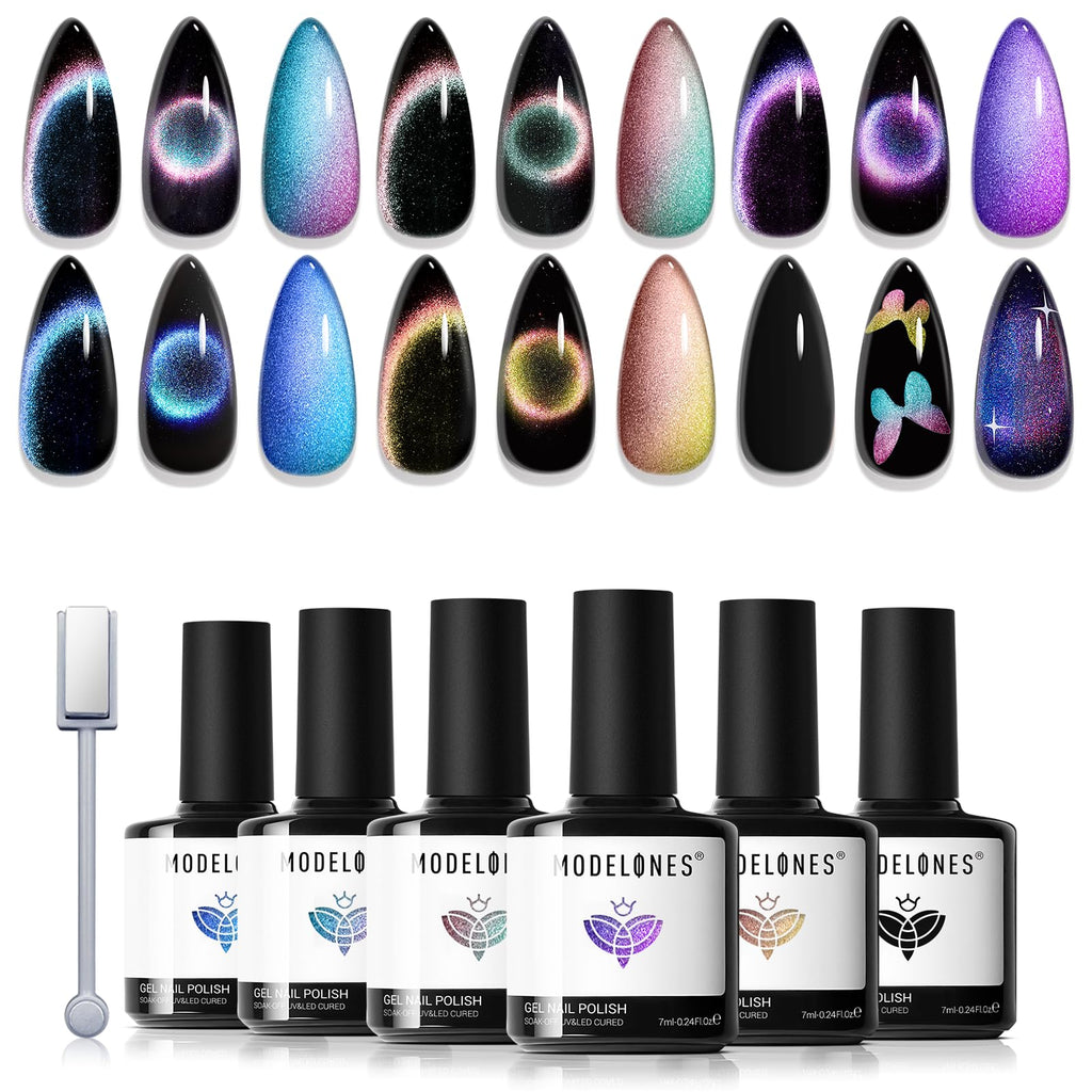 modelones Gel Nail Polish Set 6 Colors – Rainbow Cat Eye Magnetic Gel Polish with Soak-Off LED