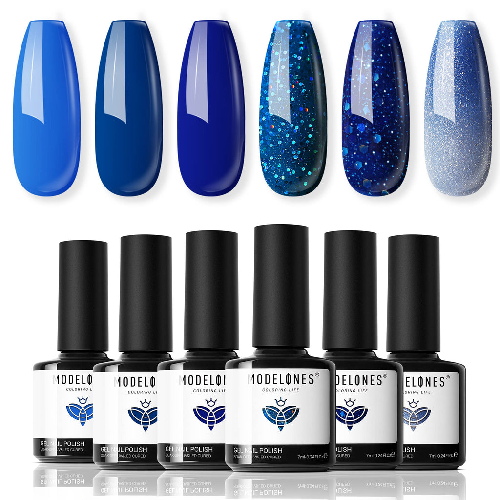 Modelones Blue Gel Nail Polish Set — 6 Color-Changing Glitter Gels for Winter Nails