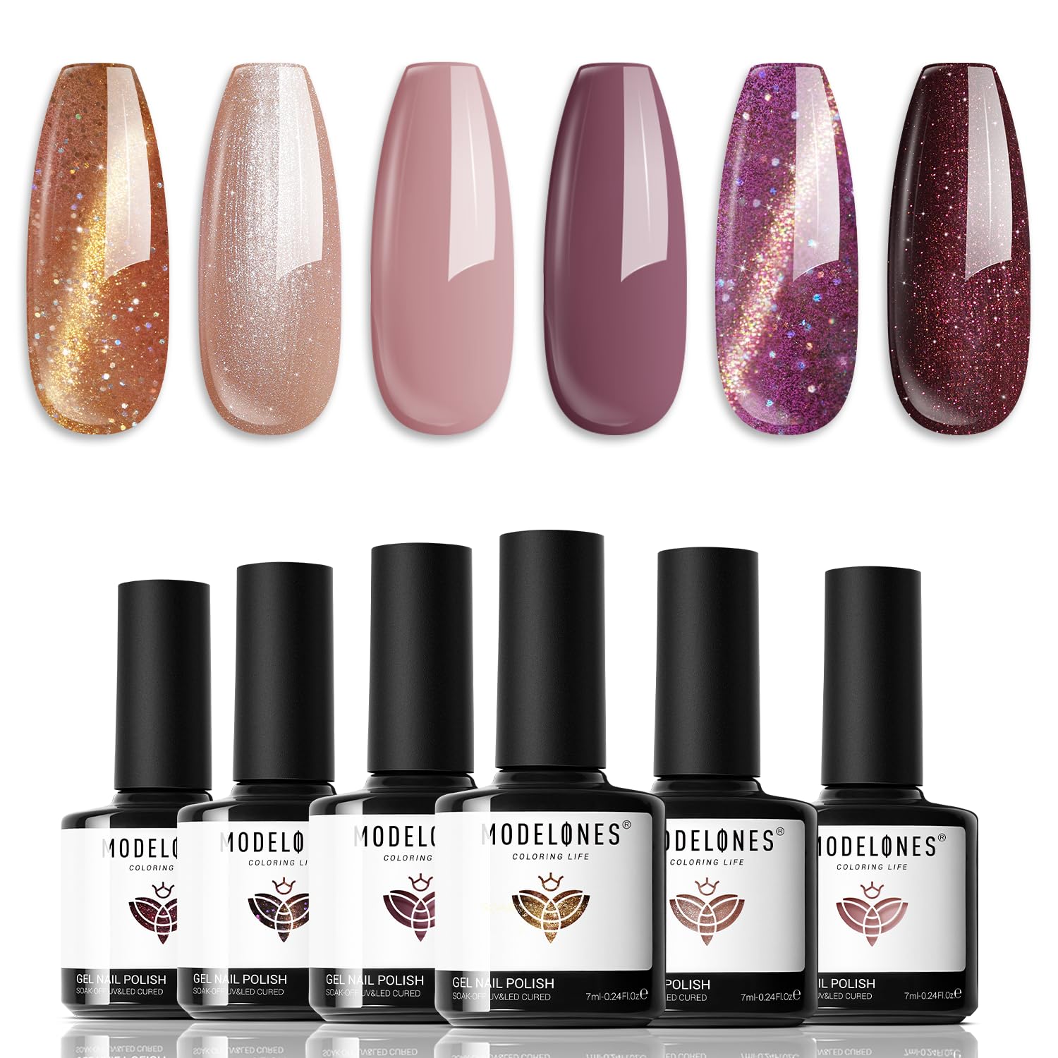 Modelones Gel Nail Polish Set – 6 Cat Eye, Glitter & Nude Gels with Magnet