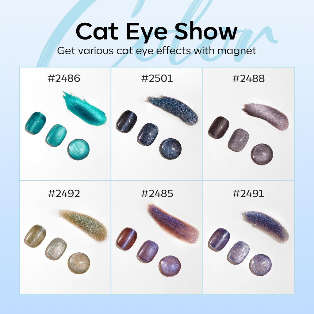 Modelones Cat Eye Gel Nail Polish Set - 6 Colors, 9D Glassy Magnetic Cat Eye Glitter Kit (Soak-Off, LED)