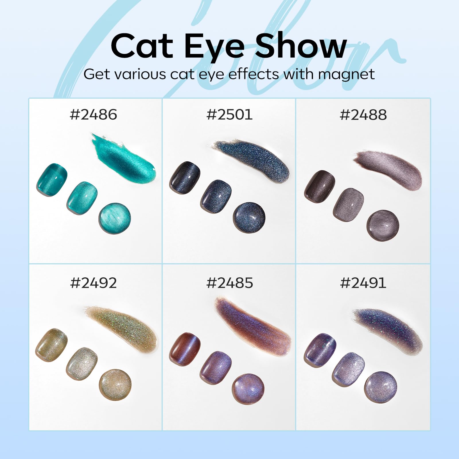 Modelones Cat Eye Gel Nail Polish Set - 6 Colors, 9D Glassy Magnetic Cat Eye Glitter Kit (Soak-Off, LED)