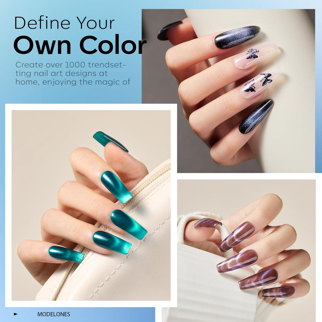 Modelones Cat Eye Gel Nail Polish Set - 6 Colors, 9D Glassy Magnetic Cat Eye Glitter Kit (Soak-Off, LED)